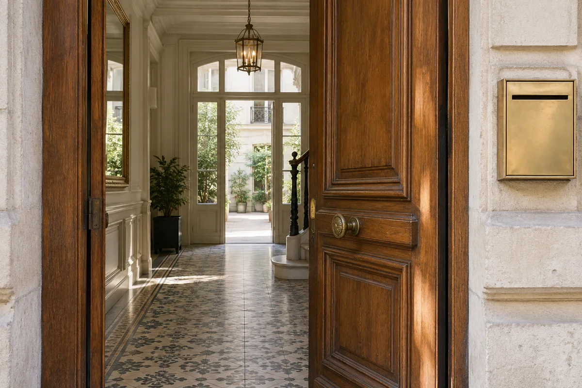 Porte d&rsquo;entrée en bois d&rsquo;un immeuble ancien entrouverte sur un hall lumineux avec une boîte aux lettres en laiton