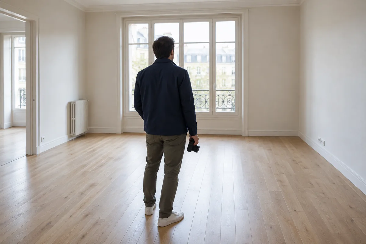 Homme en veste bleu marine vu de dos dans un salon vide au parquet clair, appareil photo compact à la main devant une grande fenêtre