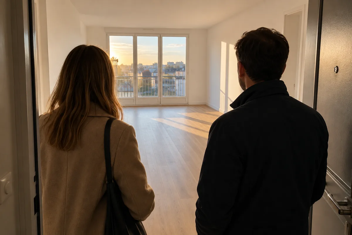 Deux personnes de dos, l&rsquo;une en manteau beige et l&rsquo;autre en veste sombre, regardant un appartement vide depuis le seuil