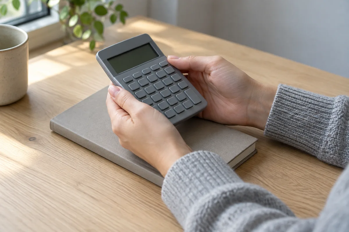 Mains tenant une calculatrice éteinte au-dessus d&rsquo;un carnet fermé sur une table en bois