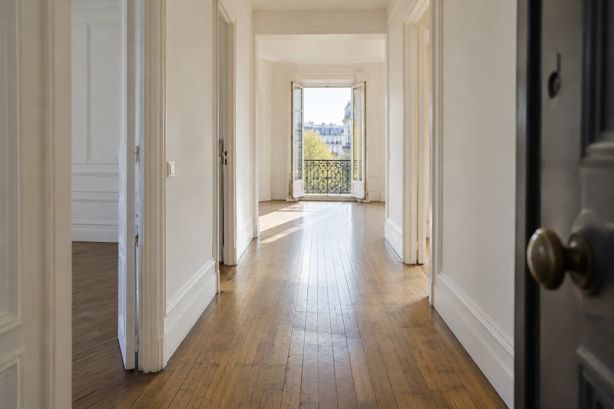 Appartement vide vu depuis l&rsquo;entrée, parquet ancien et porte-fenêtre ouverte sur un balcon