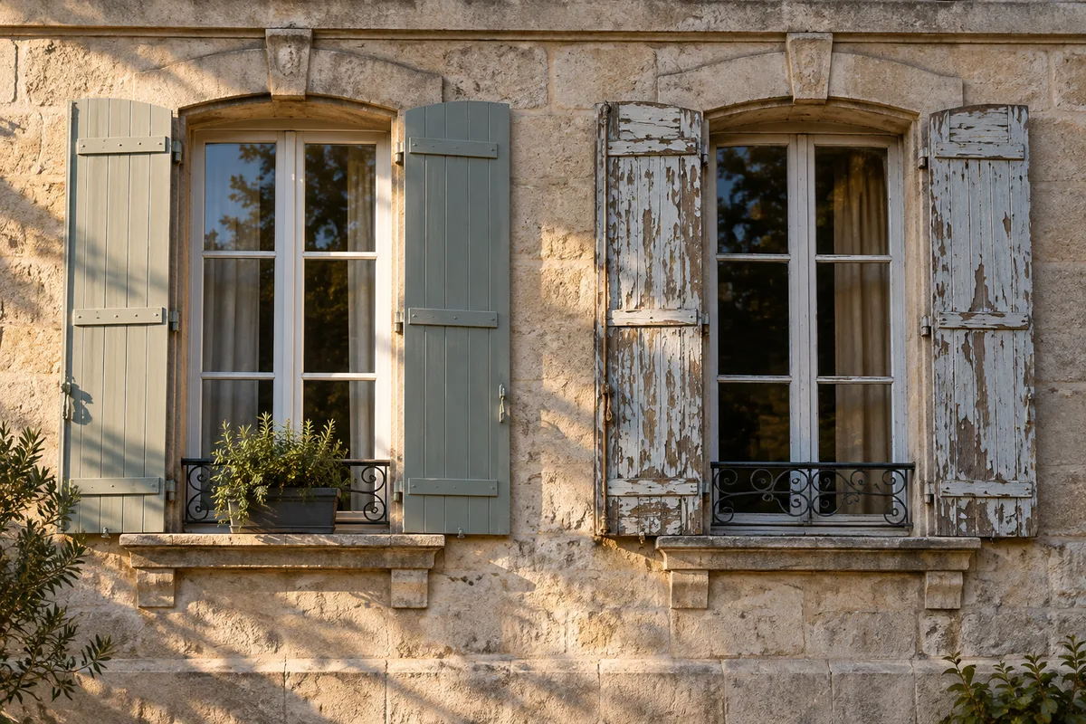 Deux fenêtres voisines d&rsquo;un immeuble, volets neufs et volets écaillés sur une façade en pierre