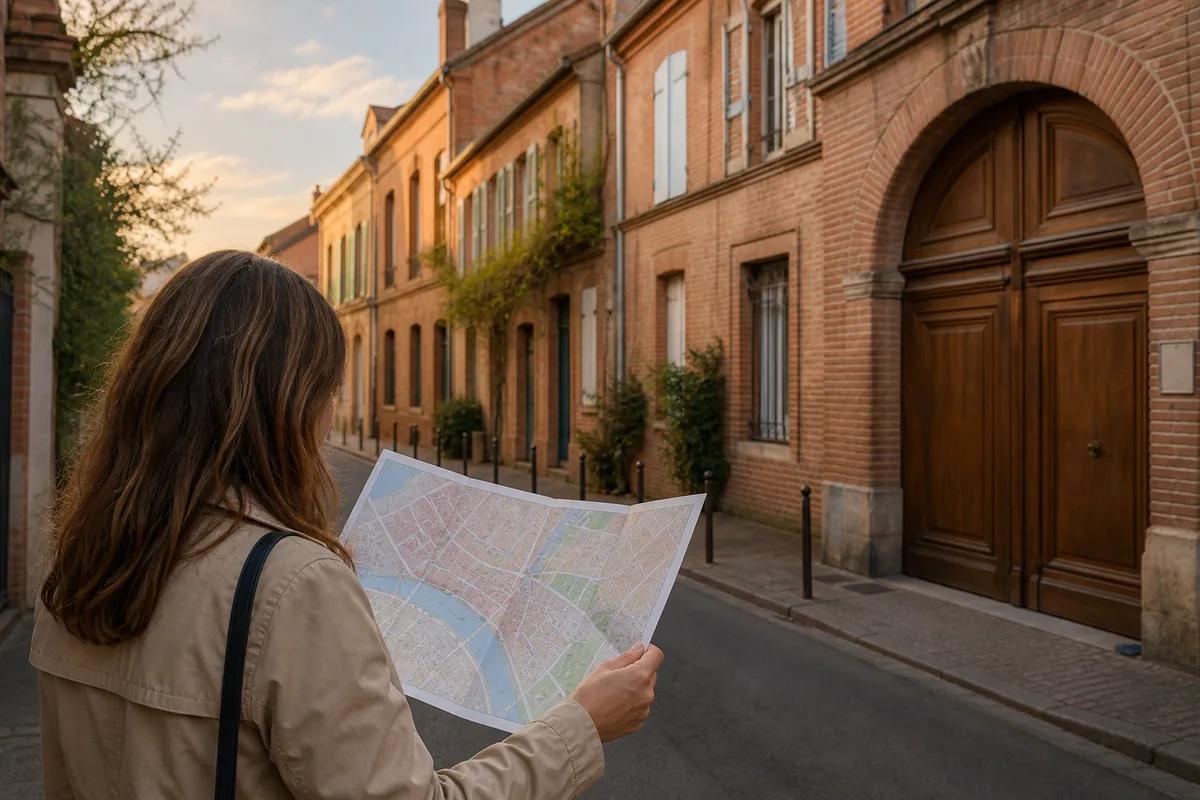 Acheteur consultant un plan de quartier toulousain avant une visite immobilière