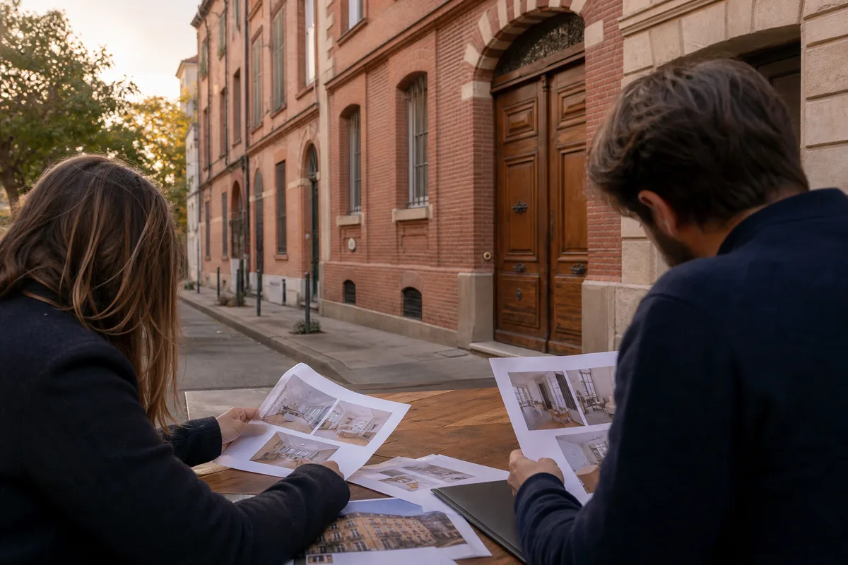 Deux personnes comparant des dossiers de biens immobiliers sur une table en bois