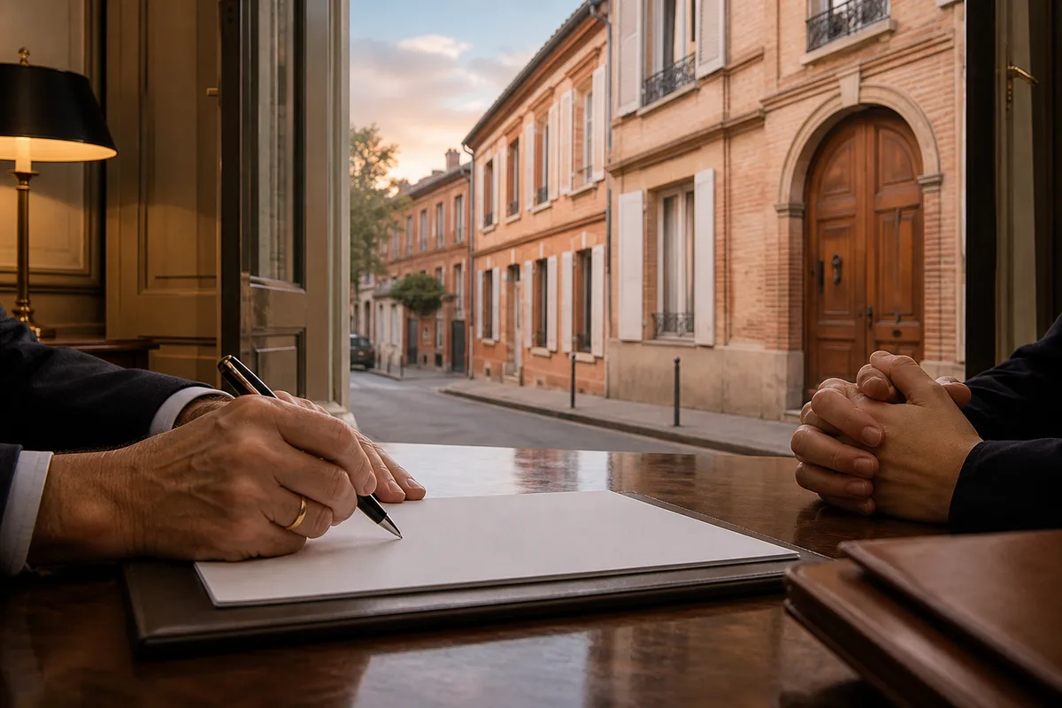 Signature d&rsquo;un document sur une table dans une étude notariale