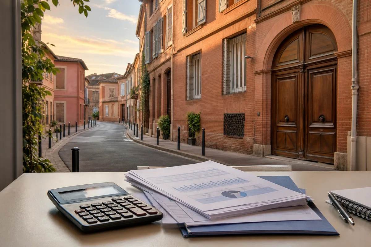 Calculatrice et documents de financement posés sur un bureau clair