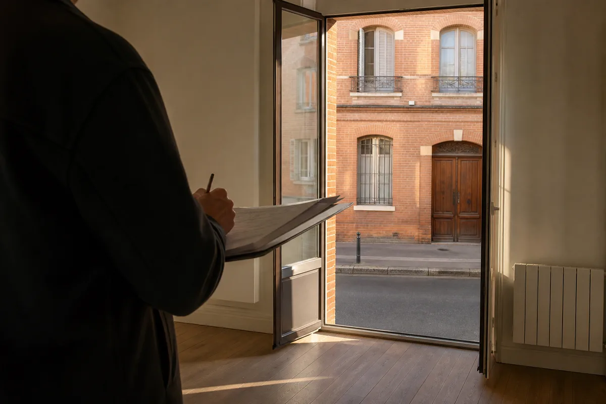 Personne annotant un dossier de visite dans un appartement vide