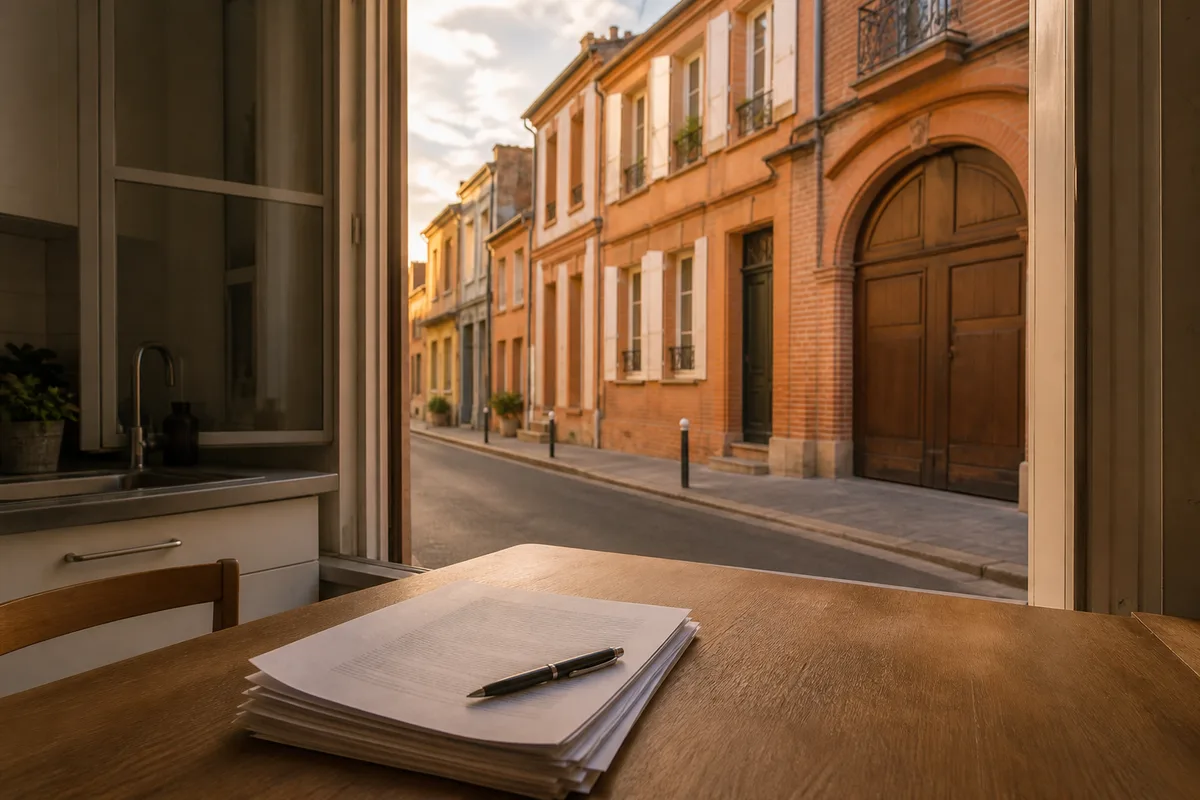 Documents et stylo posés sur la table d’une cuisine lors d’une visite