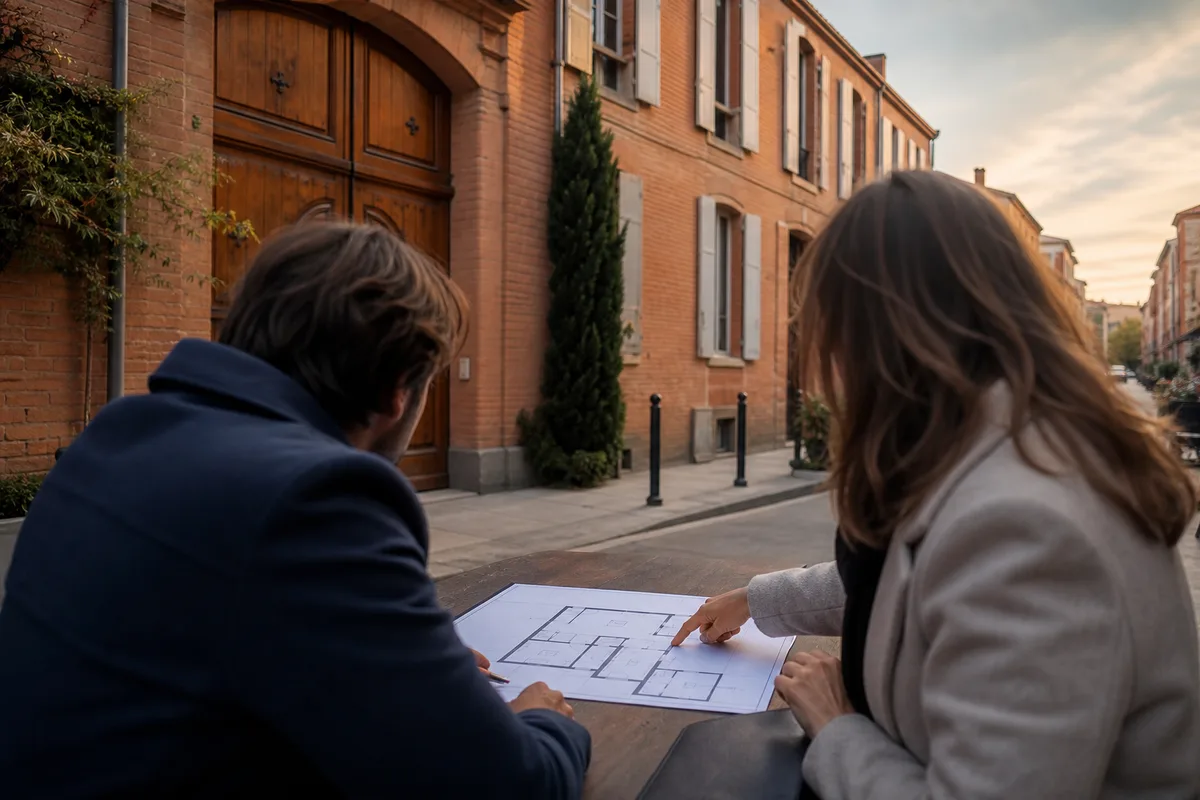 Deux personnes discutant autour d’un plan d’appartement sur une table