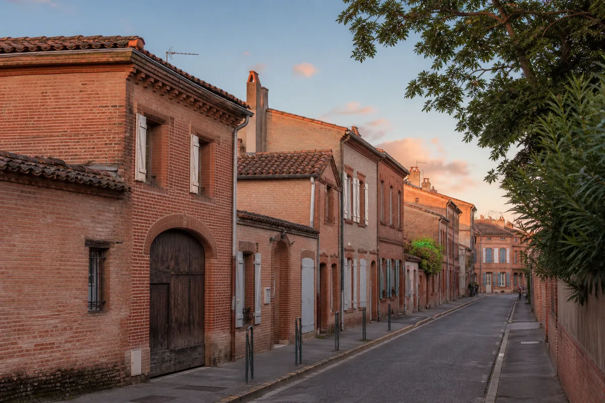 Vue de toits en tuiles et de façades en brique rose à Toulouse