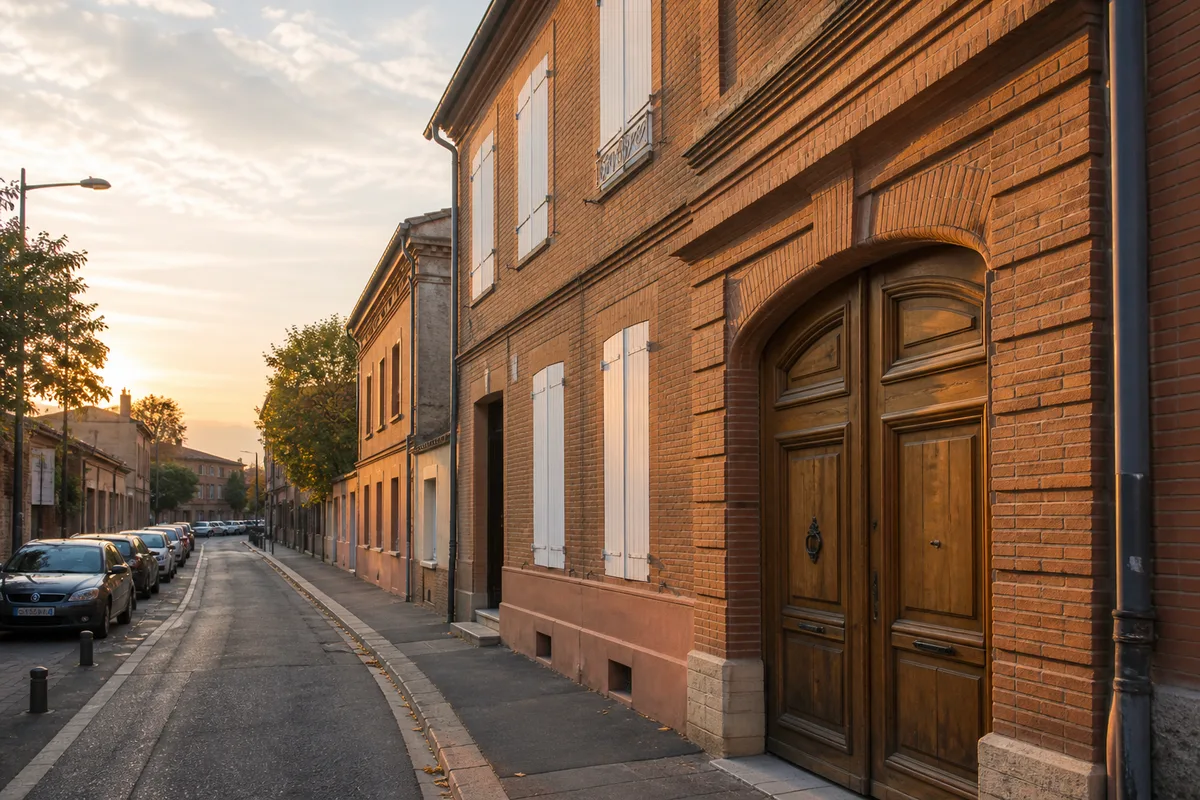 Rue résidentielle bordée de maisons en brique dans un quartier toulousain