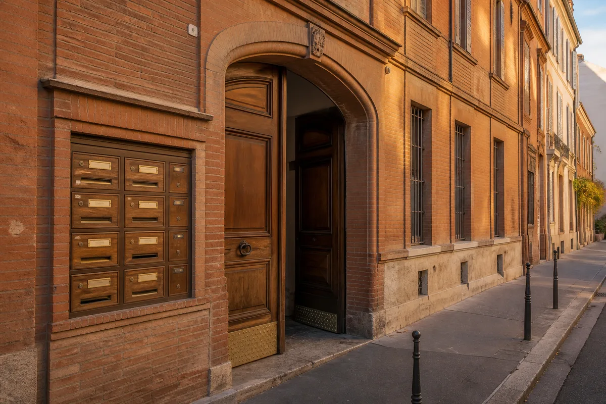 Boîtes aux lettres et porche d’un immeuble ancien en centre-ville